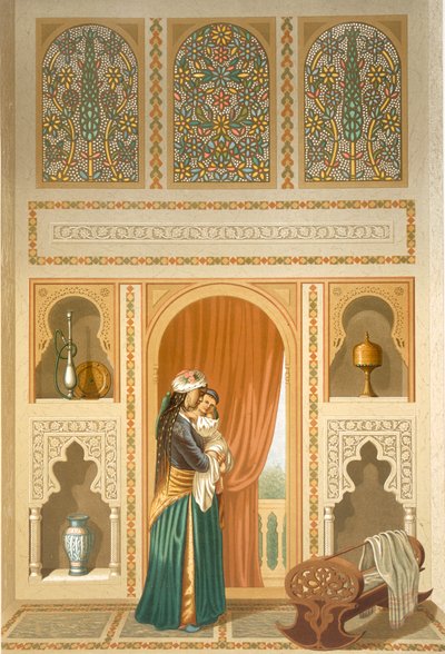 Il Cairo: Interno della casa domestica di Sidi Youssef Adami: una donna in piedi in una stanza con ricche decorazioni a mosaico e marmo, XIX secolo da Emile Prisse d